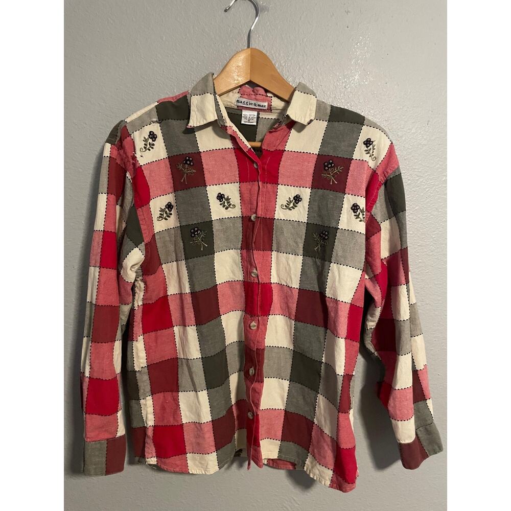 VTG Maggie & Max Button Up Shirt Womens Medium Red Plaid Floral Embroidered 90s